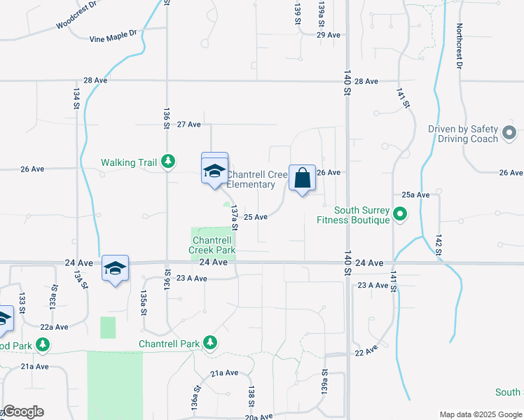 map of restaurants, bars, coffee shops, grocery stores, and more near 2512 138 Street in Surrey