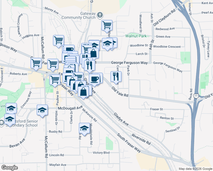 map of restaurants, bars, coffee shops, grocery stores, and more near 2551 Willow Lane in Abbotsford