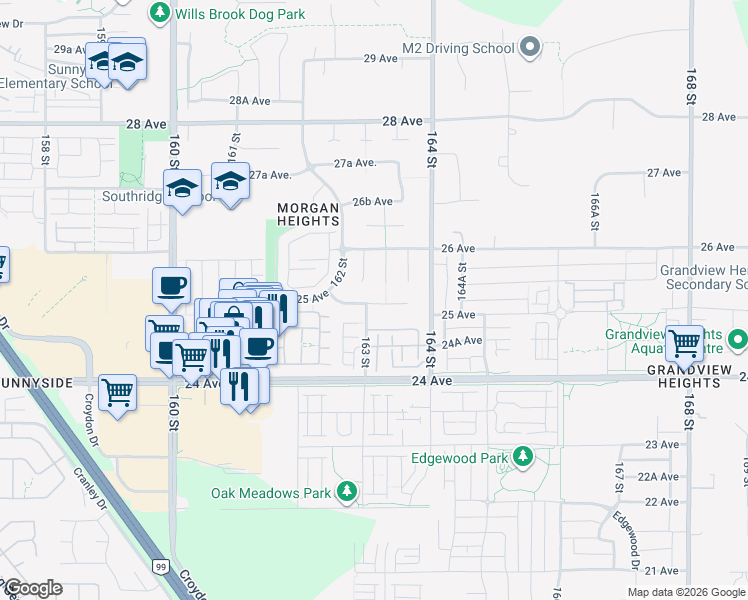 map of restaurants, bars, coffee shops, grocery stores, and more near 16309 25 Avenue in Surrey