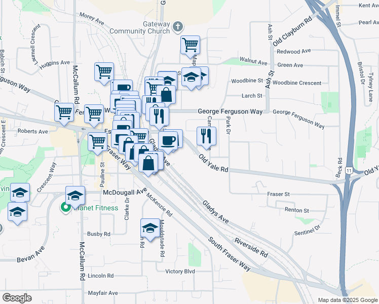 map of restaurants, bars, coffee shops, grocery stores, and more near 33960 Old Yale Road in Abbotsford