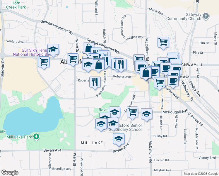 map of restaurants, bars, coffee shops, grocery stores, and more near 33400 Bourquin Place in Abbotsford
