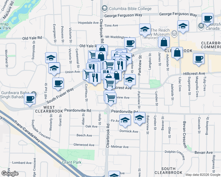 map of restaurants, bars, coffee shops, grocery stores, and more near 2518 Clearbrook Road in Abbotsford