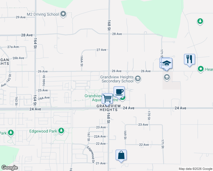map of restaurants, bars, coffee shops, grocery stores, and more near 2517 168 Street in Surrey