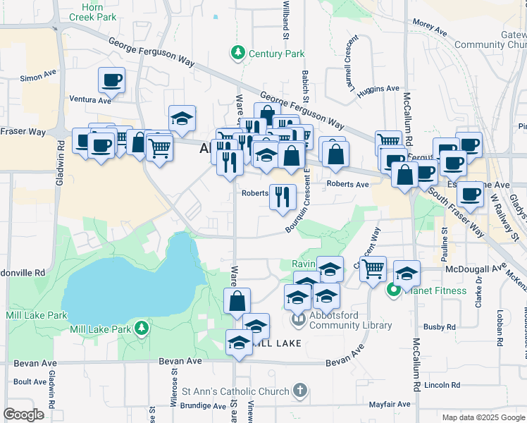 map of restaurants, bars, coffee shops, grocery stores, and more near 33292 Robertson Avenue in Abbotsford