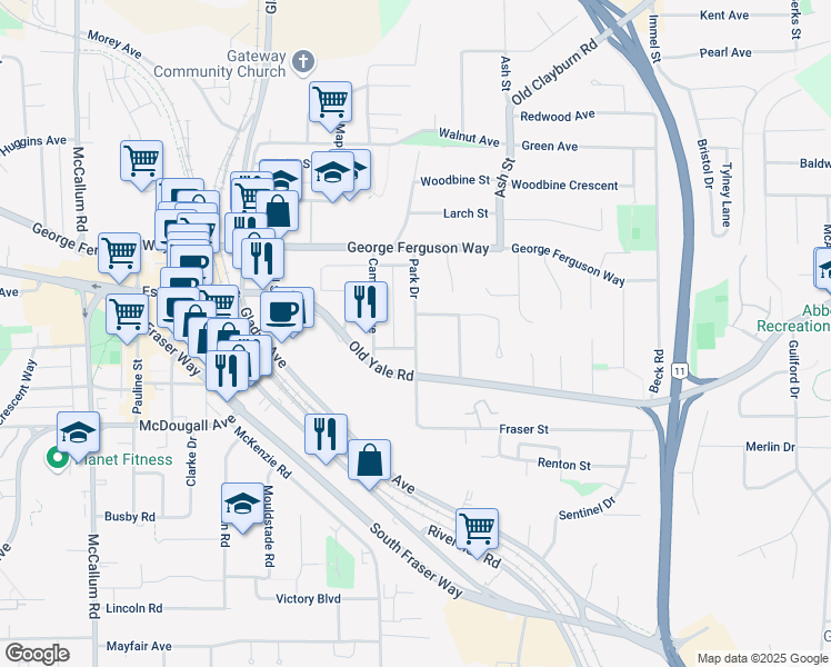 map of restaurants, bars, coffee shops, grocery stores, and more near Park Drive in Abbotsford