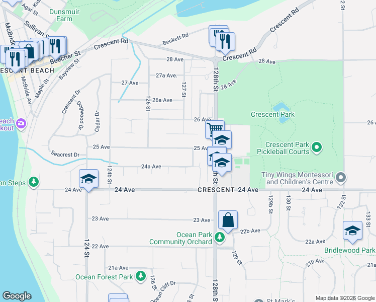 map of restaurants, bars, coffee shops, grocery stores, and more near 2493 127 A Street in Surrey