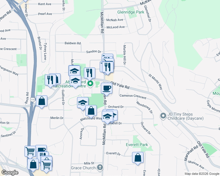 map of restaurants, bars, coffee shops, grocery stores, and more near 211 Old Yale Road in Abbotsford