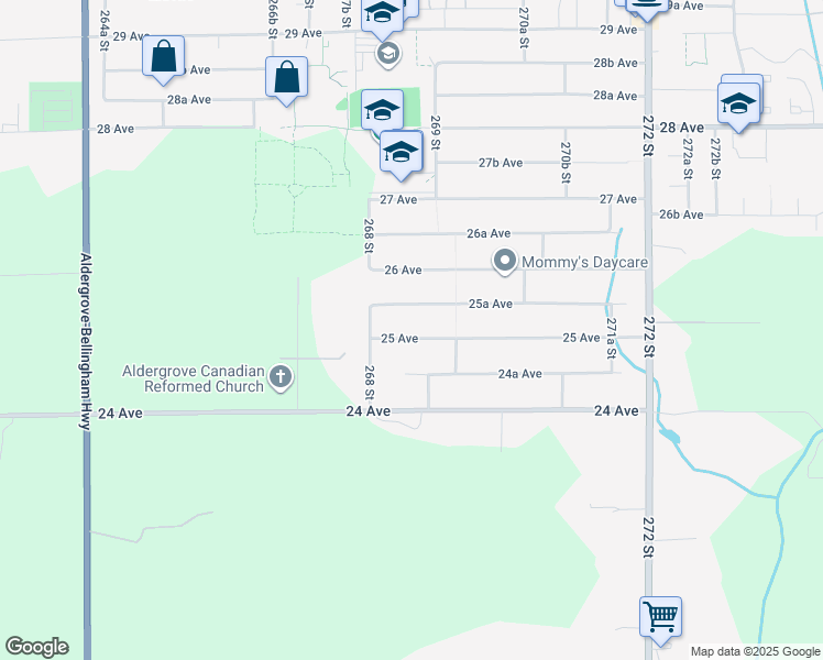 map of restaurants, bars, coffee shops, grocery stores, and more near 26859 25 Avenue in Langley Township