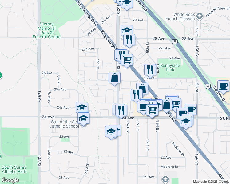 map of restaurants, bars, coffee shops, grocery stores, and more near 2533 152 Street in Surrey