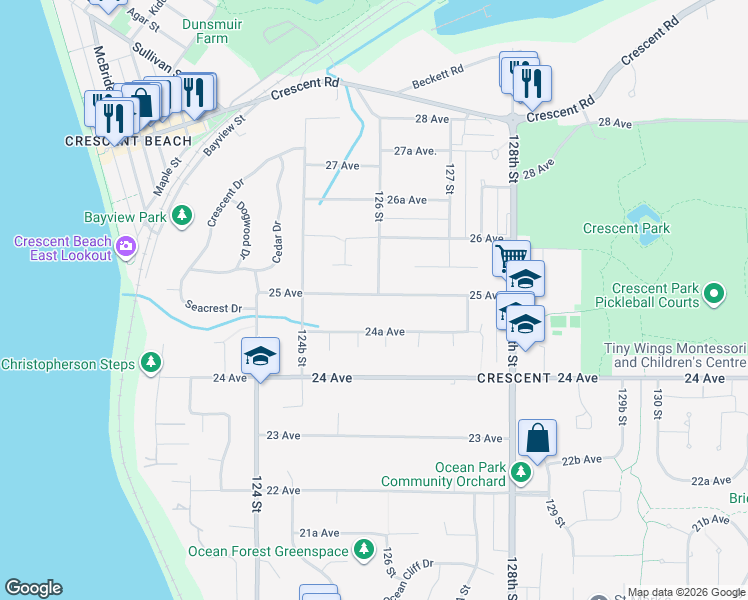 map of restaurants, bars, coffee shops, grocery stores, and more near 12588 25 Avenue in Surrey