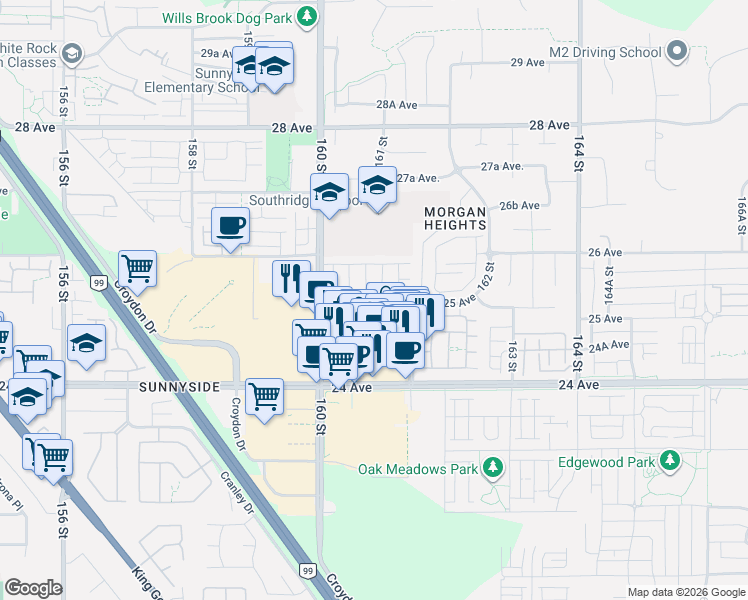 map of restaurants, bars, coffee shops, grocery stores, and more near 2501 161A Street in Surrey