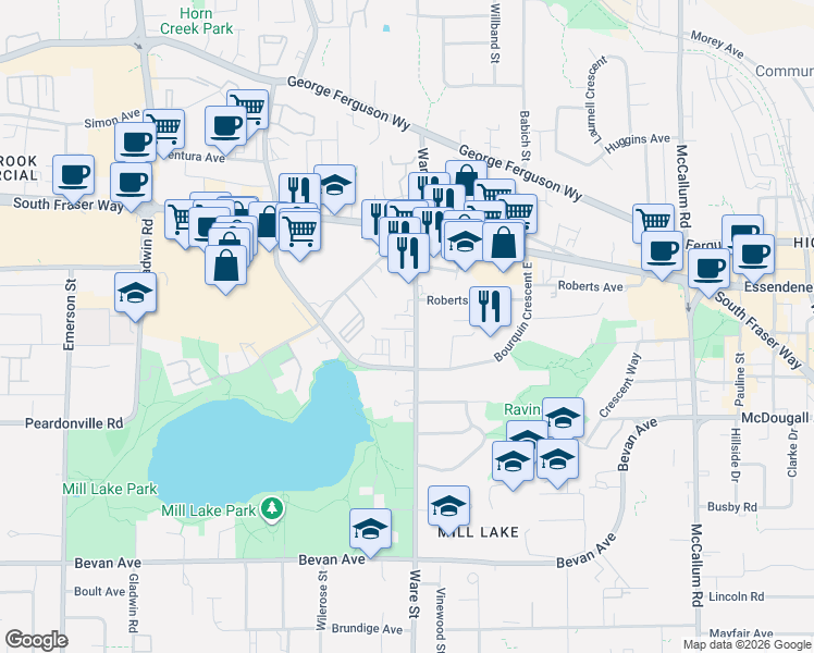 map of restaurants, bars, coffee shops, grocery stores, and more near 2565 Ware Street in Abbotsford