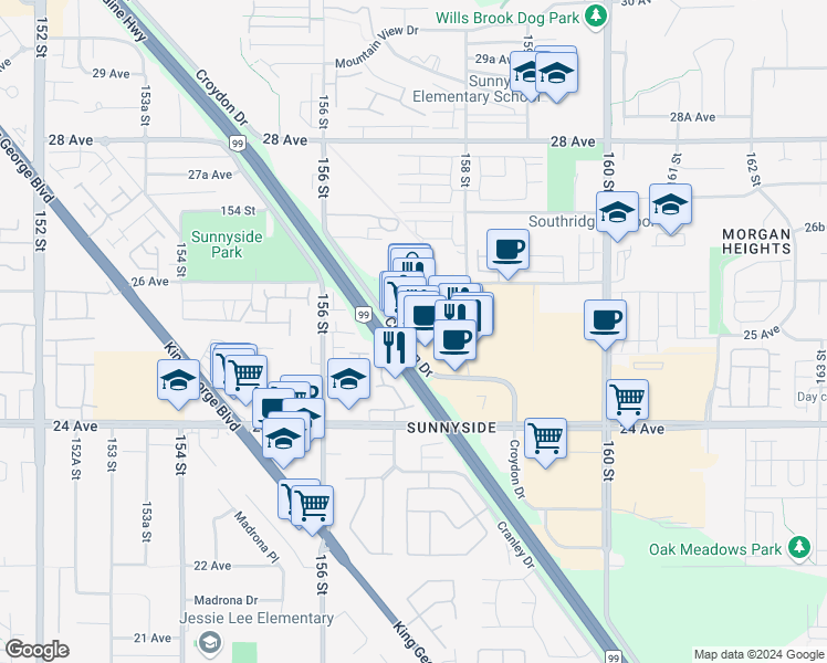map of restaurants, bars, coffee shops, grocery stores, and more near 15735 Croydon Drive in Surrey