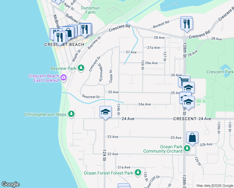map of restaurants, bars, coffee shops, grocery stores, and more near 2499 124B Street in Surrey