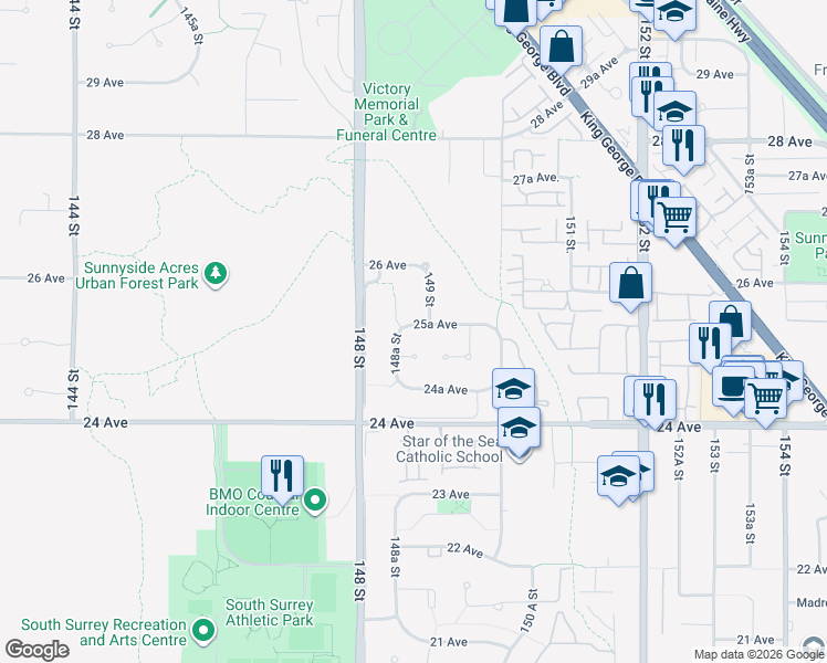 map of restaurants, bars, coffee shops, grocery stores, and more near 2552 149 Street in Surrey
