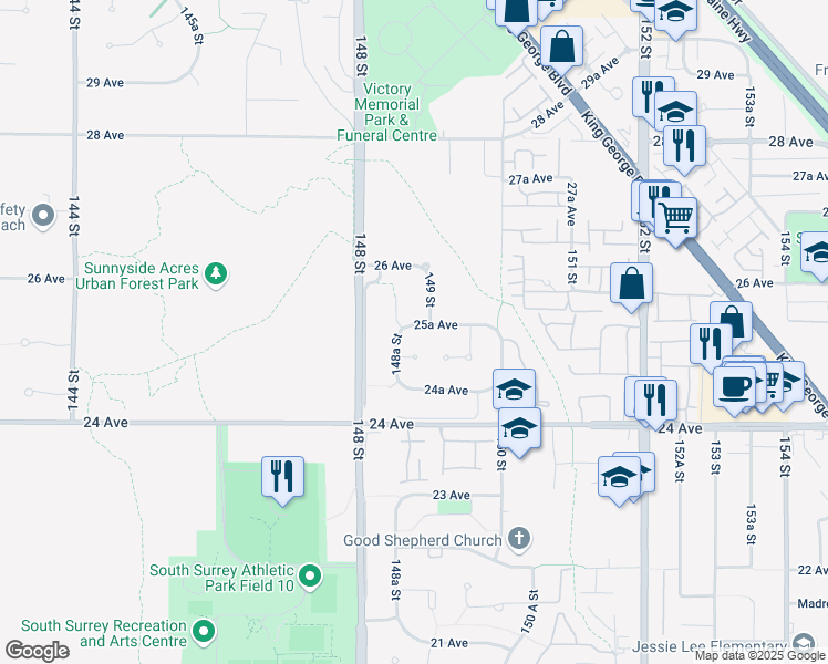 map of restaurants, bars, coffee shops, grocery stores, and more near 14872 25A Avenue in Surrey