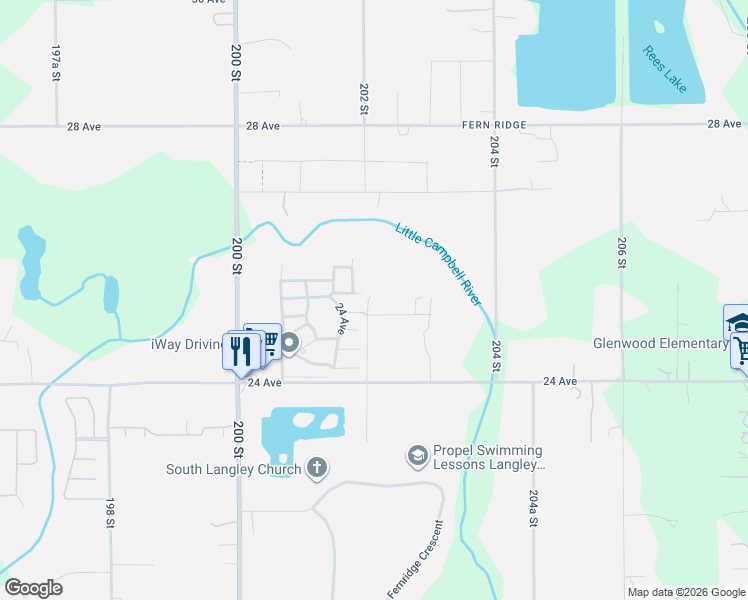 map of restaurants, bars, coffee shops, grocery stores, and more near 20217 25 Avenue in Langley Township
