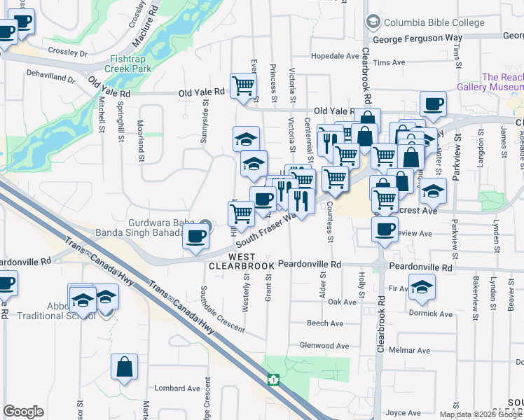 map of restaurants, bars, coffee shops, grocery stores, and more near 2519 Janzen Street in Abbotsford