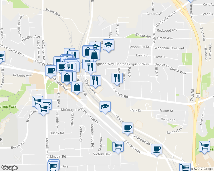 map of restaurants, bars, coffee shops, grocery stores, and more near 2551 Willow Lane in Abbotsford