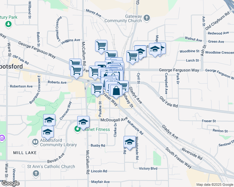 map of restaurants, bars, coffee shops, grocery stores, and more near 33790 Essendene Avenue in Abbotsford