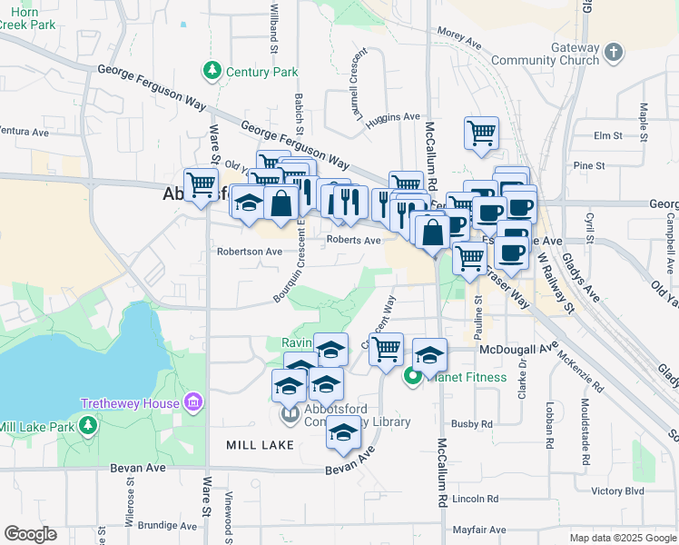 map of restaurants, bars, coffee shops, grocery stores, and more near 33430 Bourquin Place in Abbotsford