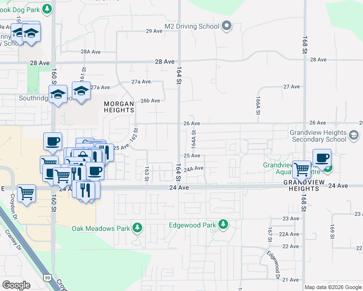 map of restaurants, bars, coffee shops, grocery stores, and more near 2528 164 Street in Surrey