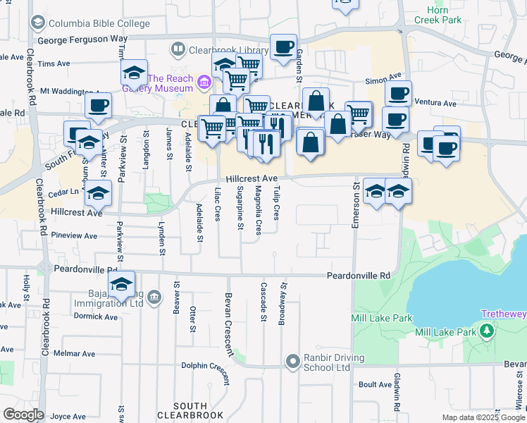map of restaurants, bars, coffee shops, grocery stores, and more near 2530 Magnolia Crescent in Abbotsford