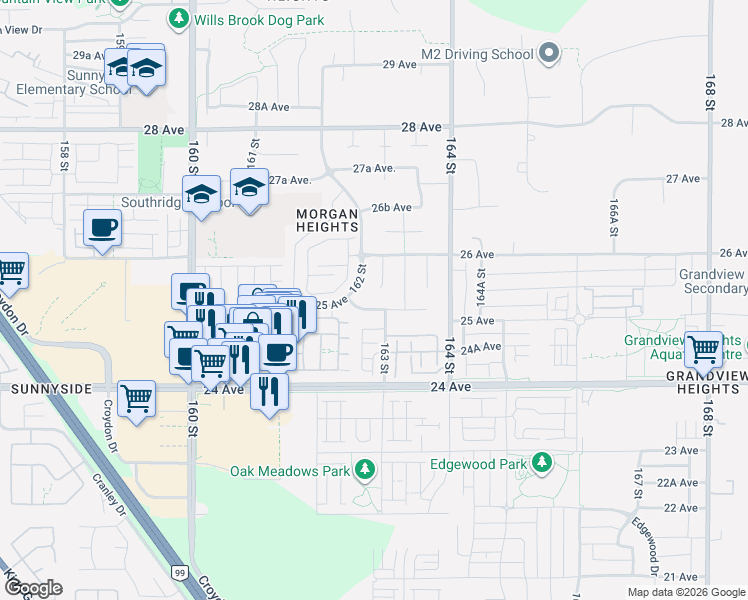 map of restaurants, bars, coffee shops, grocery stores, and more near 16261 25 Avenue in Surrey