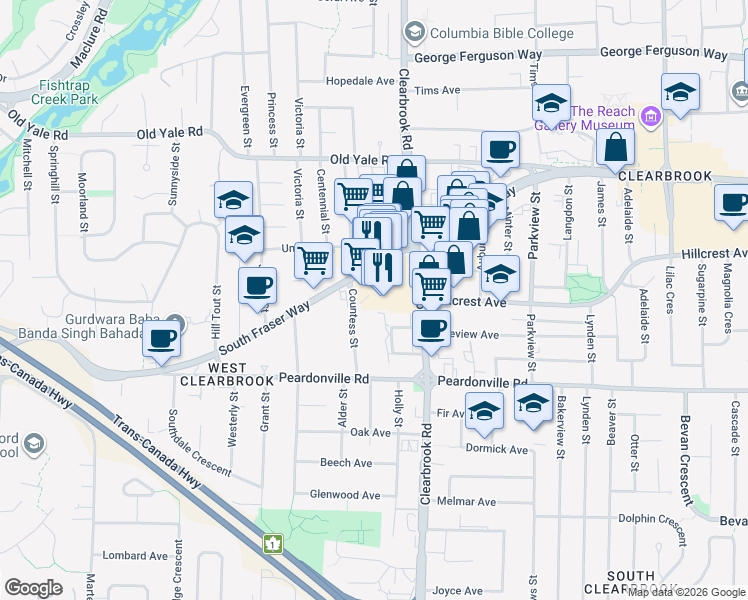map of restaurants, bars, coffee shops, grocery stores, and more near 31940 South Fraser Way in Abbotsford
