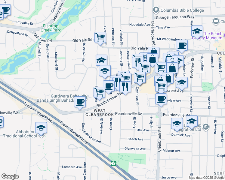 map of restaurants, bars, coffee shops, grocery stores, and more near 2530 Janzen Street in Abbotsford