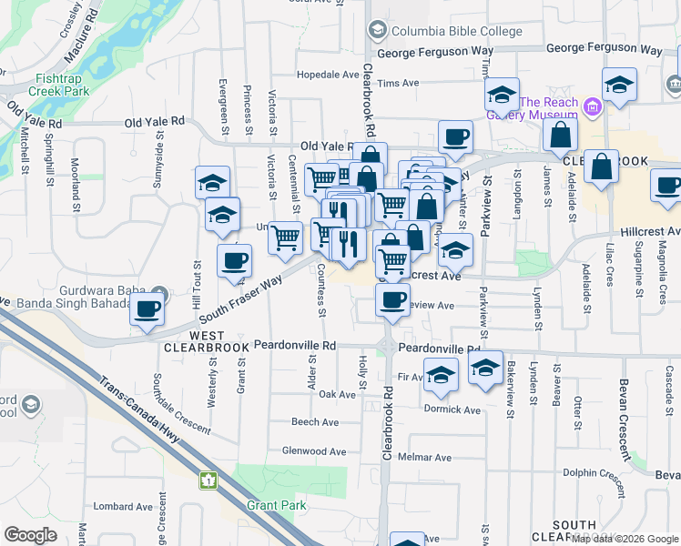 map of restaurants, bars, coffee shops, grocery stores, and more near 31940 South Fraser Way in Abbotsford