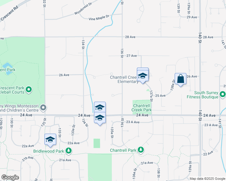 map of restaurants, bars, coffee shops, grocery stores, and more near 13553 25 Avenue in Surrey