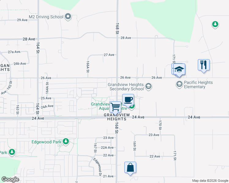 map of restaurants, bars, coffee shops, grocery stores, and more near 2525 168 Street in Surrey