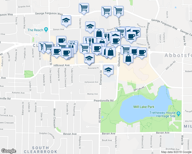 map of restaurants, bars, coffee shops, grocery stores, and more near 32659 Willingdon Crescent in Abbotsford