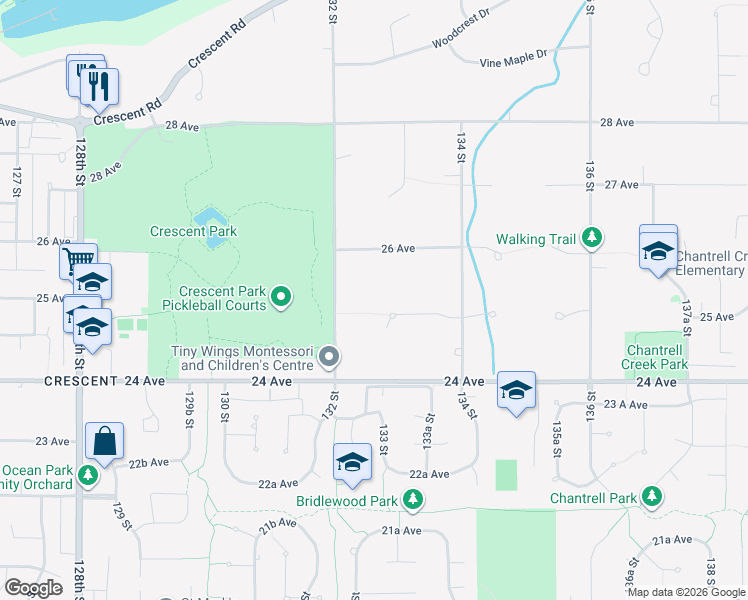 map of restaurants, bars, coffee shops, grocery stores, and more near 13303 25 Avenue in Surrey