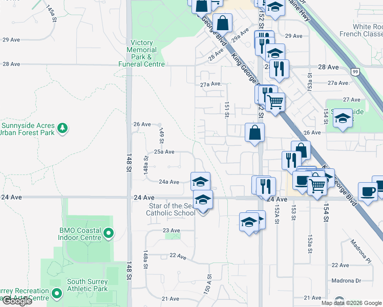 map of restaurants, bars, coffee shops, grocery stores, and more near 14981 25A Avenue in Surrey