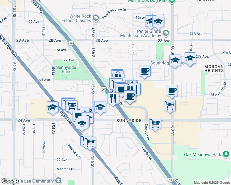 map of restaurants, bars, coffee shops, grocery stores, and more near 15735 Croydon Drive in Surrey