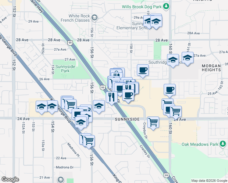 map of restaurants, bars, coffee shops, grocery stores, and more near 15735 Croydon Drive in Surrey