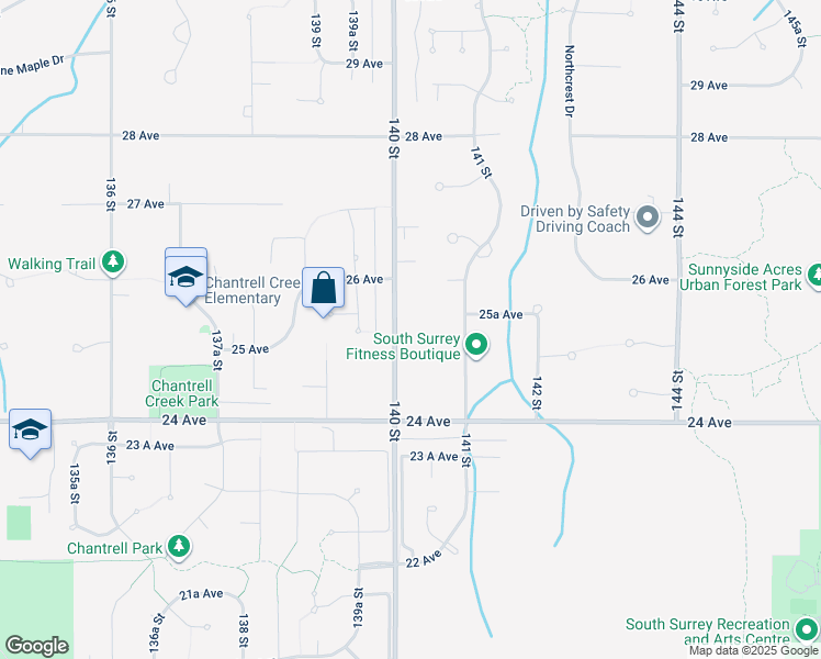 map of restaurants, bars, coffee shops, grocery stores, and more near 2534 140 Street in Surrey