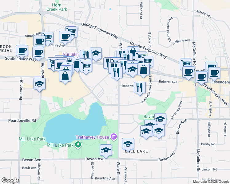 map of restaurants, bars, coffee shops, grocery stores, and more near 2565 Ware Street in Abbotsford