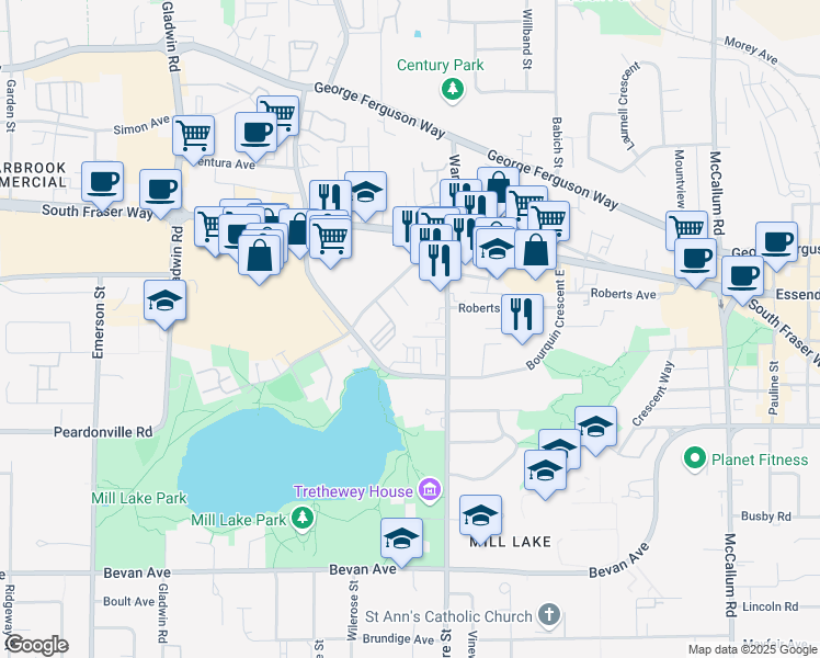 map of restaurants, bars, coffee shops, grocery stores, and more near 2555 Ware Street in Abbotsford
