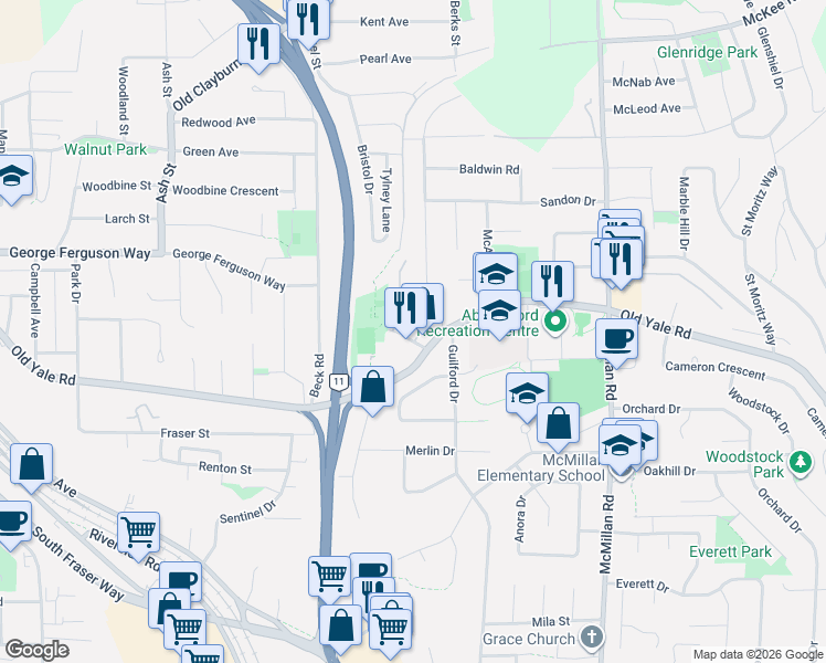 map of restaurants, bars, coffee shops, grocery stores, and more near 2525 Yale Court in Abbotsford