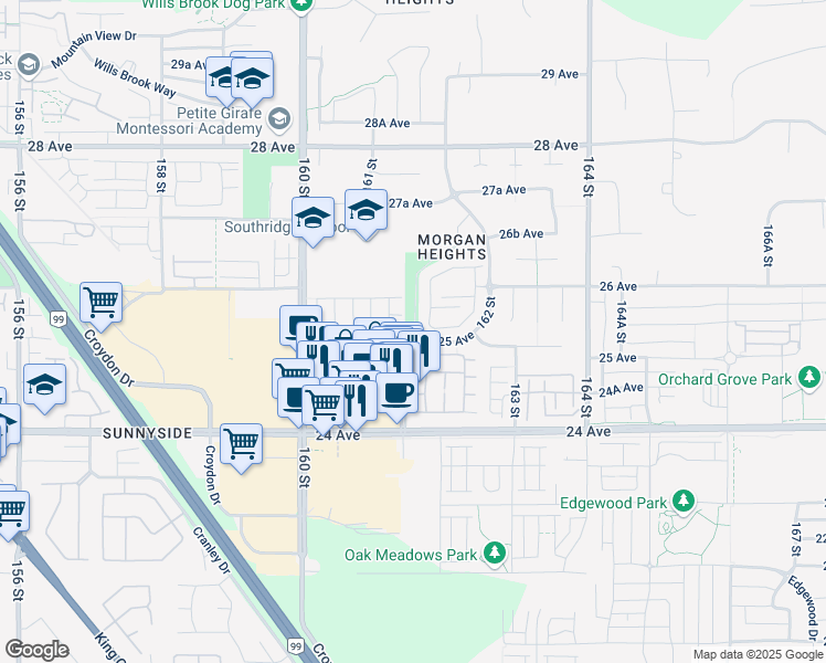 map of restaurants, bars, coffee shops, grocery stores, and more near 16151 25 Avenue in Surrey