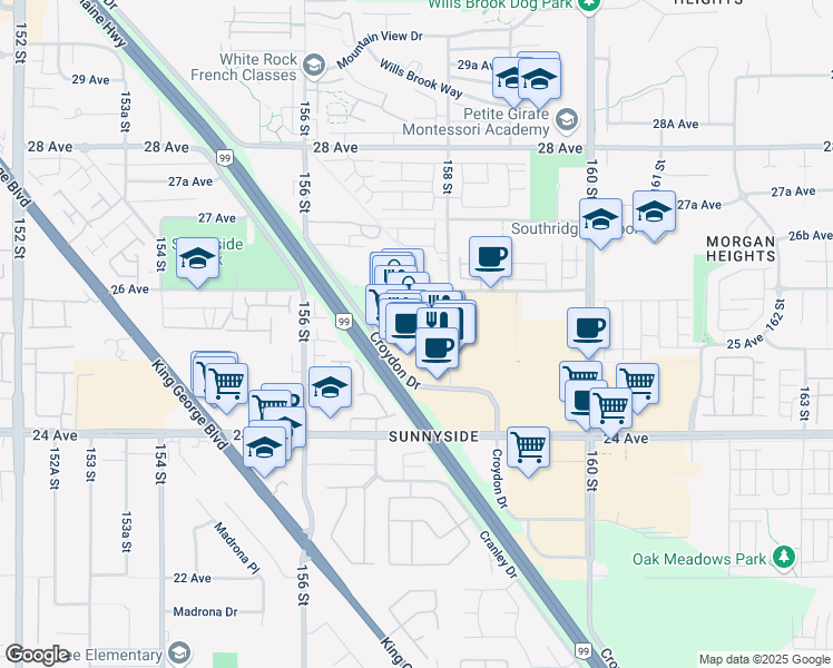 map of restaurants, bars, coffee shops, grocery stores, and more near in Surrey