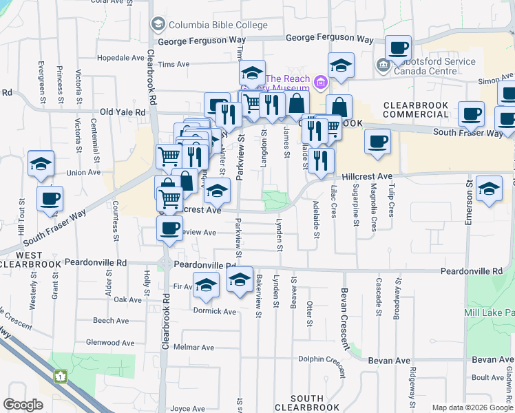 map of restaurants, bars, coffee shops, grocery stores, and more near 32227 Hillcrest Avenue in Abbotsford