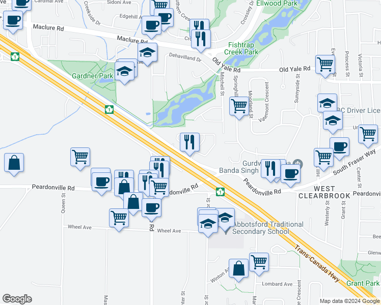 map of restaurants, bars, coffee shops, grocery stores, and more near 31313 Livingstone Avenue in Abbotsford