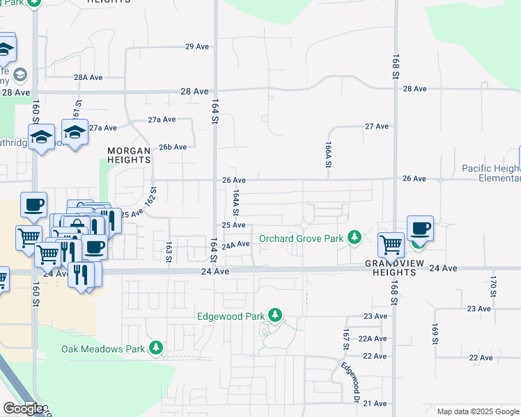 map of restaurants, bars, coffee shops, grocery stores, and more near 16506 25A Avenue in Surrey