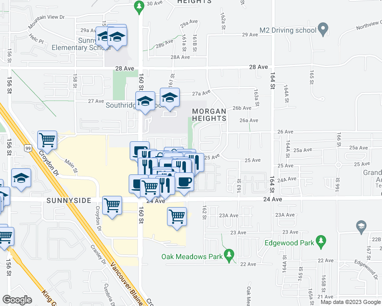 map of restaurants, bars, coffee shops, grocery stores, and more near 16151 25 Avenue in Surrey