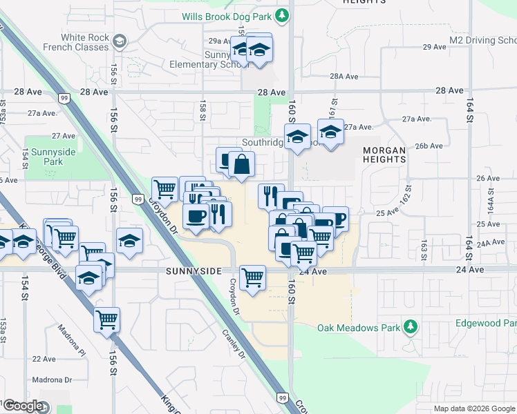 map of restaurants, bars, coffee shops, grocery stores, and more near in Surrey