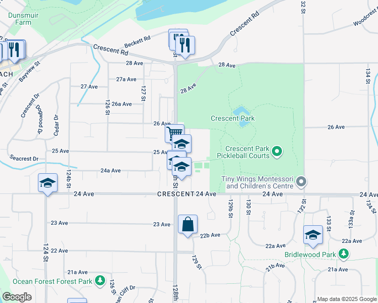 map of restaurants, bars, coffee shops, grocery stores, and more near 12851 25 Avenue in Surrey
